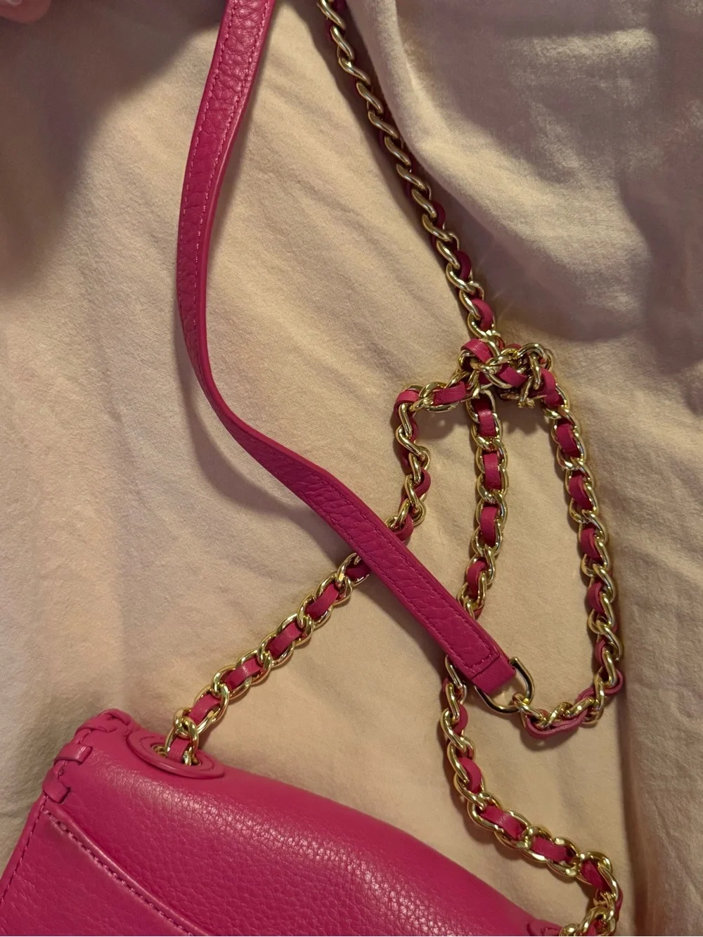 Tory Burch Mini Marion Fuchsia Leather Whipstitch Crossbody Bag with Gold Chain